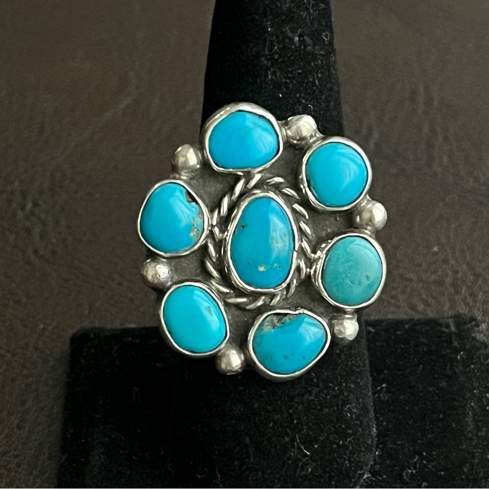 Vintage signed Zuni large Turquoise and sterling silver cluster ring - Picture 2 of 14